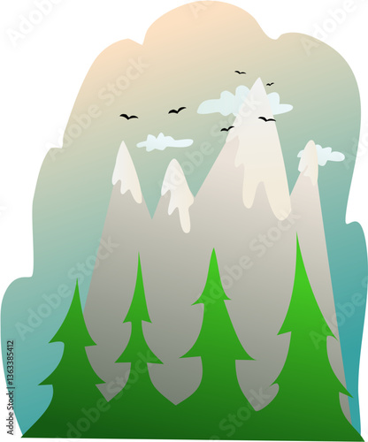 Illustration of high peaks and forest