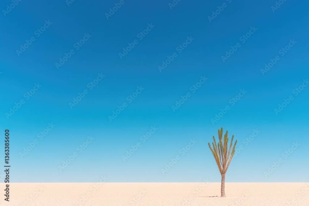 Obraz premium lone cactus stands resiliently against vast sandy expanse under deep blue sky highlighting nature adaptability amidst