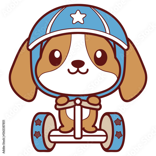 Kawaii Puppy with Blue Starry Helmet and Segway, Cute Brown Dog on Vehicle