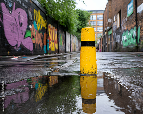 Yellow bollard reflecting in a puddle on a graffiti-covered alleyway