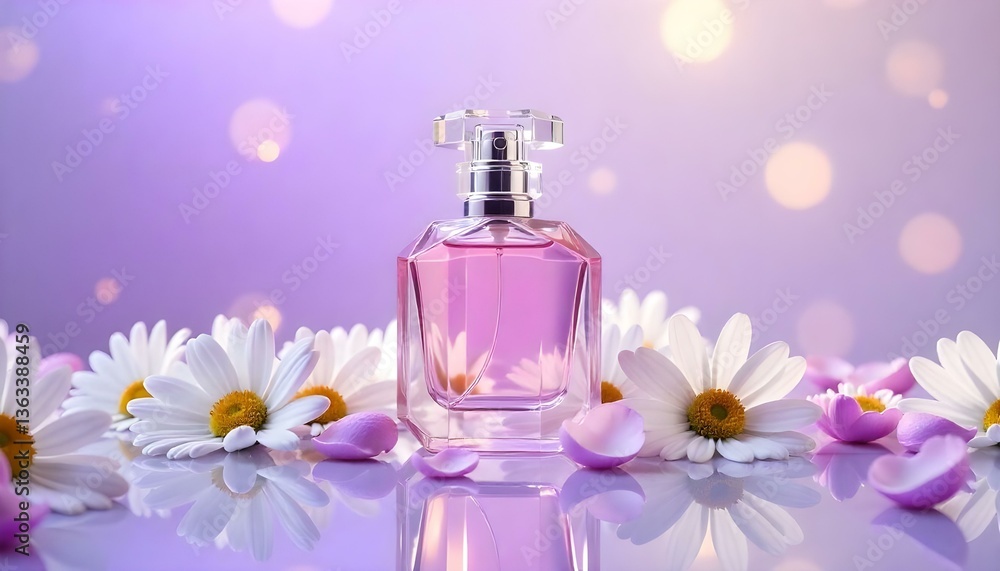 A studio shot of a perfume bottle with a faceted glass design, placed on a reflective surface amidst a scattering of white and purple daisy flowers A studio shot of a perfume bottle with a faceted glass design, placed on a reflective surface amidst a scattering of white and purple daisy flowers