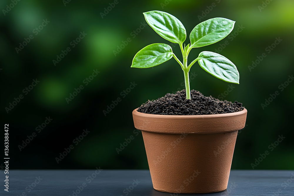 Young plant in terracotta pot, thriving in rich soil against a blurred green background Young plant in terracotta pot, thriving in rich soil against a blurred green background