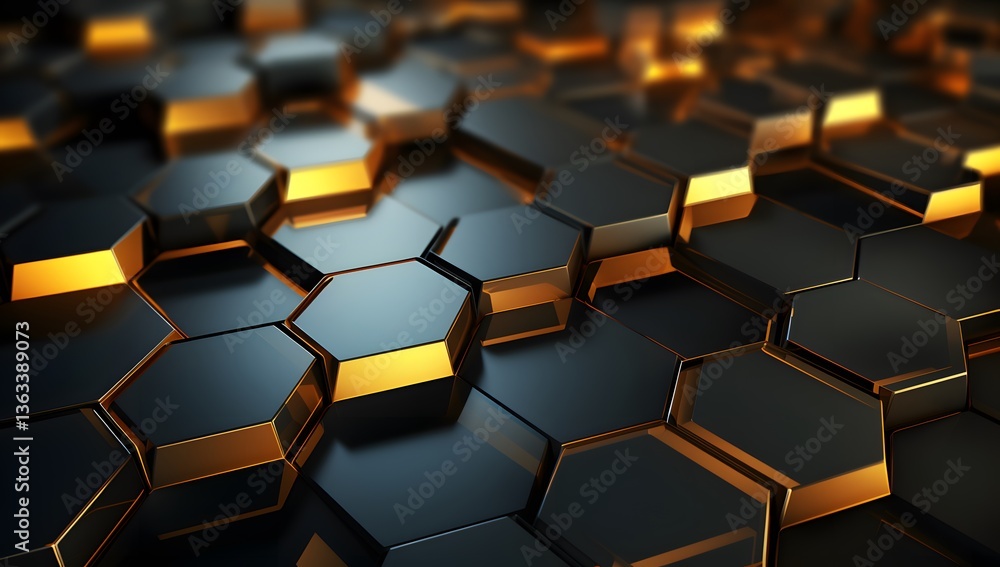 Abstract Black Hexagons with Golden Highlights Forming a Geometric Pattern Abstract Black Hexagons with Golden Highlights Forming a Geometric Pattern
