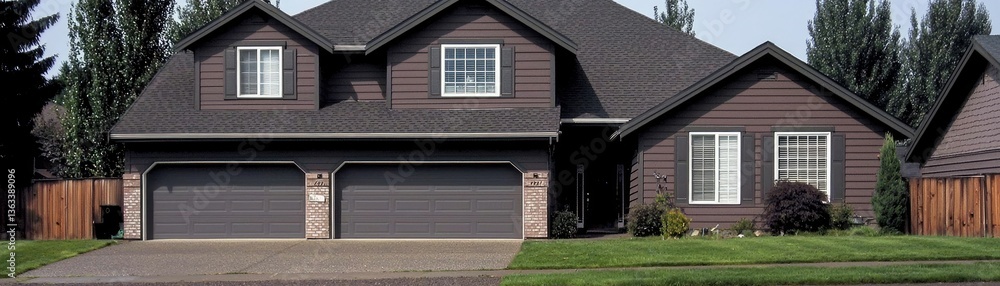 Front view of brown suburban house with well-maintained lawn. Home for sale Front view of brown suburban house with well-maintained lawn. Home for sale