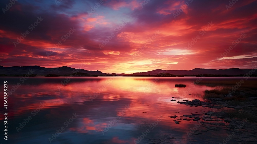 Naklejka premium A photo of a colorful sunset over a calm lake.