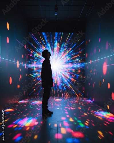 Silhouette of a Person Gazing at the Abstract Colorful Lights in a Dark Space of Digital World