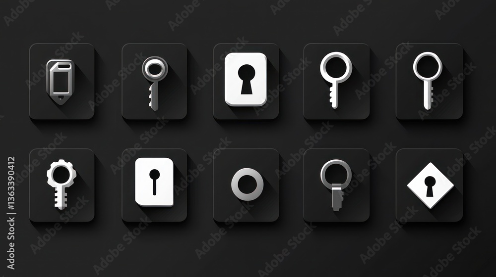 Key icons, various designs, dark background, app design Key icons, various designs, dark background, app design