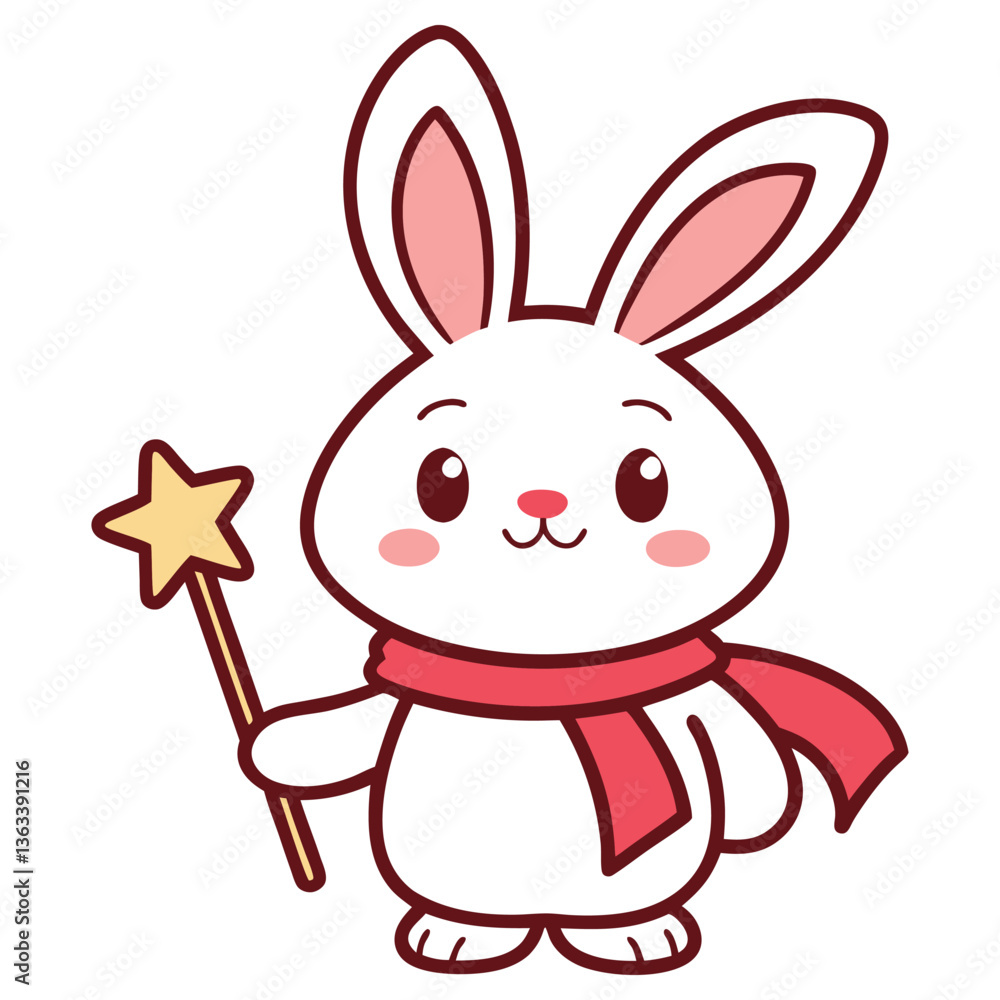 Cartoon Bunny Rabbit with a Magic Wand and Red Scarf on White Background Cartoon Bunny Rabbit with a Magic Wand and Red Scarf on White Background