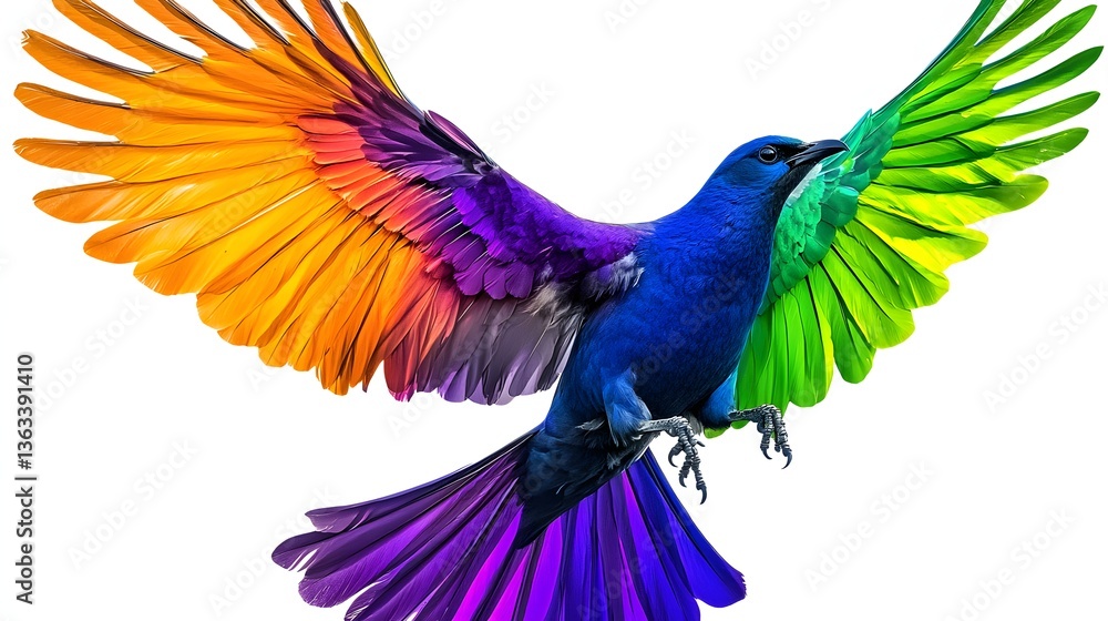 Obraz premium Colorful Rainbow Bird With Vibrant Feathers Spreading Wings Against White Background