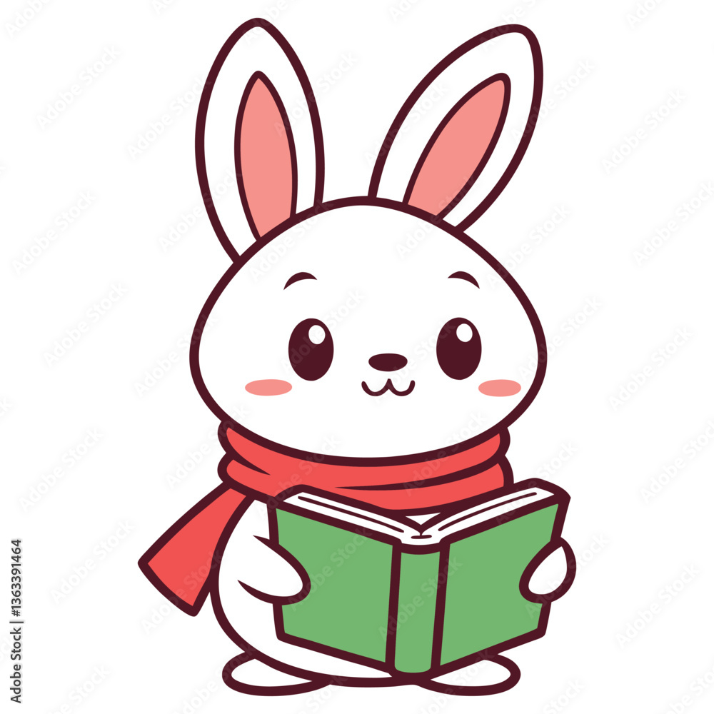Obraz premium Adorable White Cartoon Rabbit with Red Scarf Reads Book on White Background