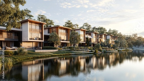 Modern homes by a tranquil lake at sunset
