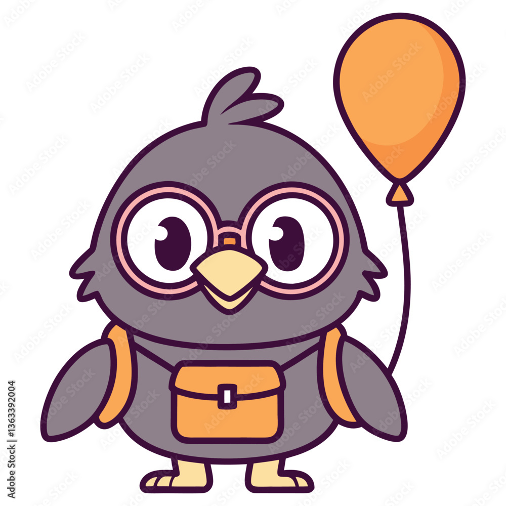 Obraz premium Bird Cartoon Character, Eye Glasses, Backpack, Holding Balloon on White Background