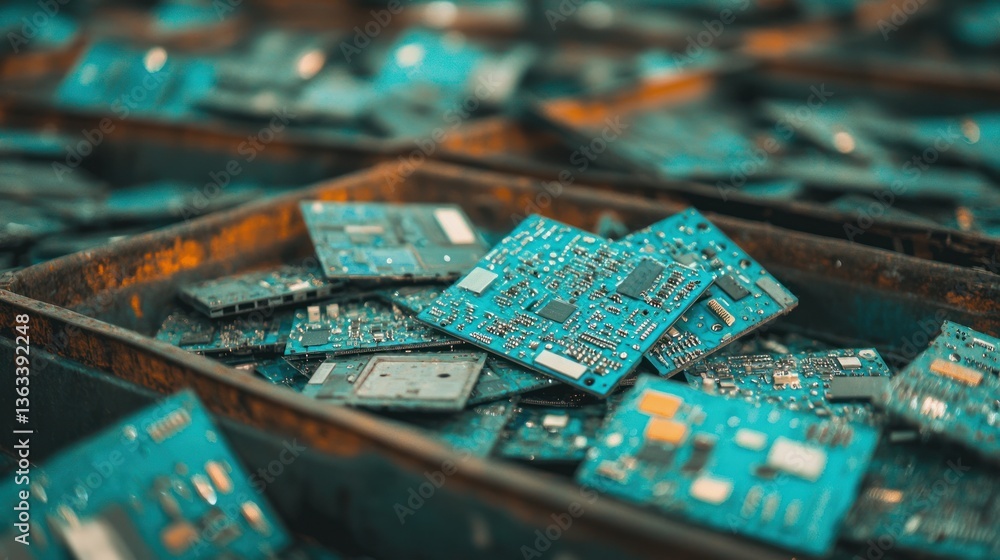 Overhead view of e-waste recycling process in industrial setting a sustainability concept