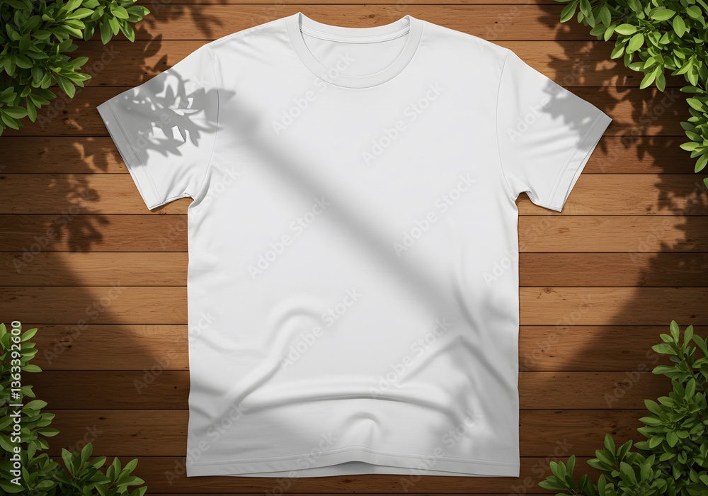 White T-Shirt on Wooden Surface with Natural Leaf Shadows White T-Shirt on Wooden Surface with Natural Leaf Shadows
