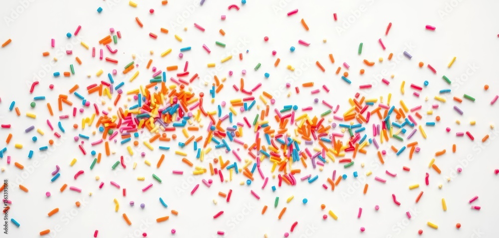 A vibrant scattering of colorful sprinkles on a clean white background, sugar sprinkles, colorful sugar, candy sprinkles
