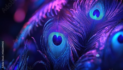 Vibrant peacock feathers illuminated with neon purple and blue light. (1)