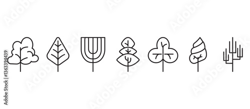 Tree and forest outline style icons for design. Tree line icon set. Tropical vector illustration in transparent background.  Botanical icon set in minimalist line style,
