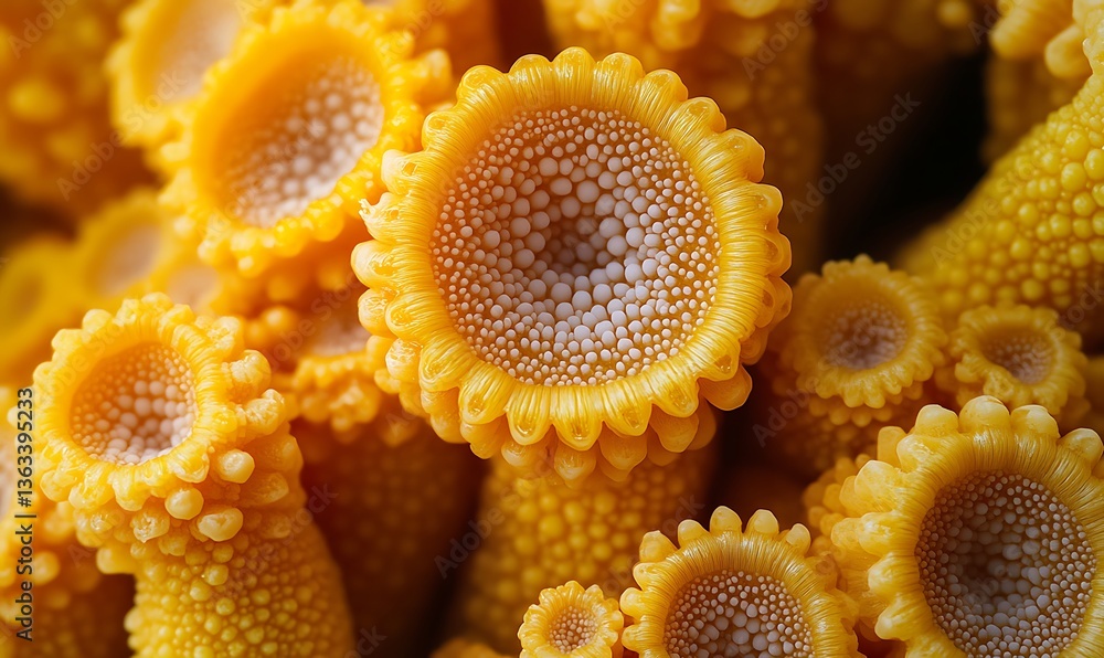 Close up View of Vibrant Yellow Cup Shaped Fungi With Intricate Texture Close up View of Vibrant Yellow Cup Shaped Fungi With Intricate Texture