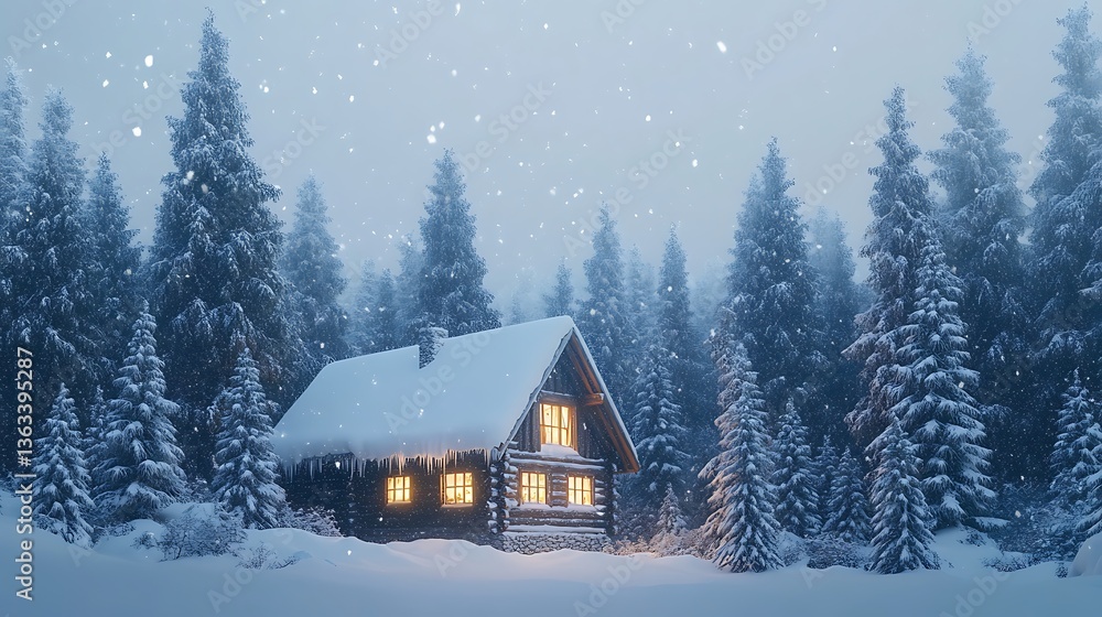 A rustic retreat hidden in a wintry forest, soft light flickering in the windows, tall snow-covered pine trees surrounding the cabin, with snowflakes drifting from the sky. A rustic retreat hidden in a wintry forest, soft light flickering in the windows, tall snow-covered pine trees surrounding the cabin, with snowflakes drifting from the sky.