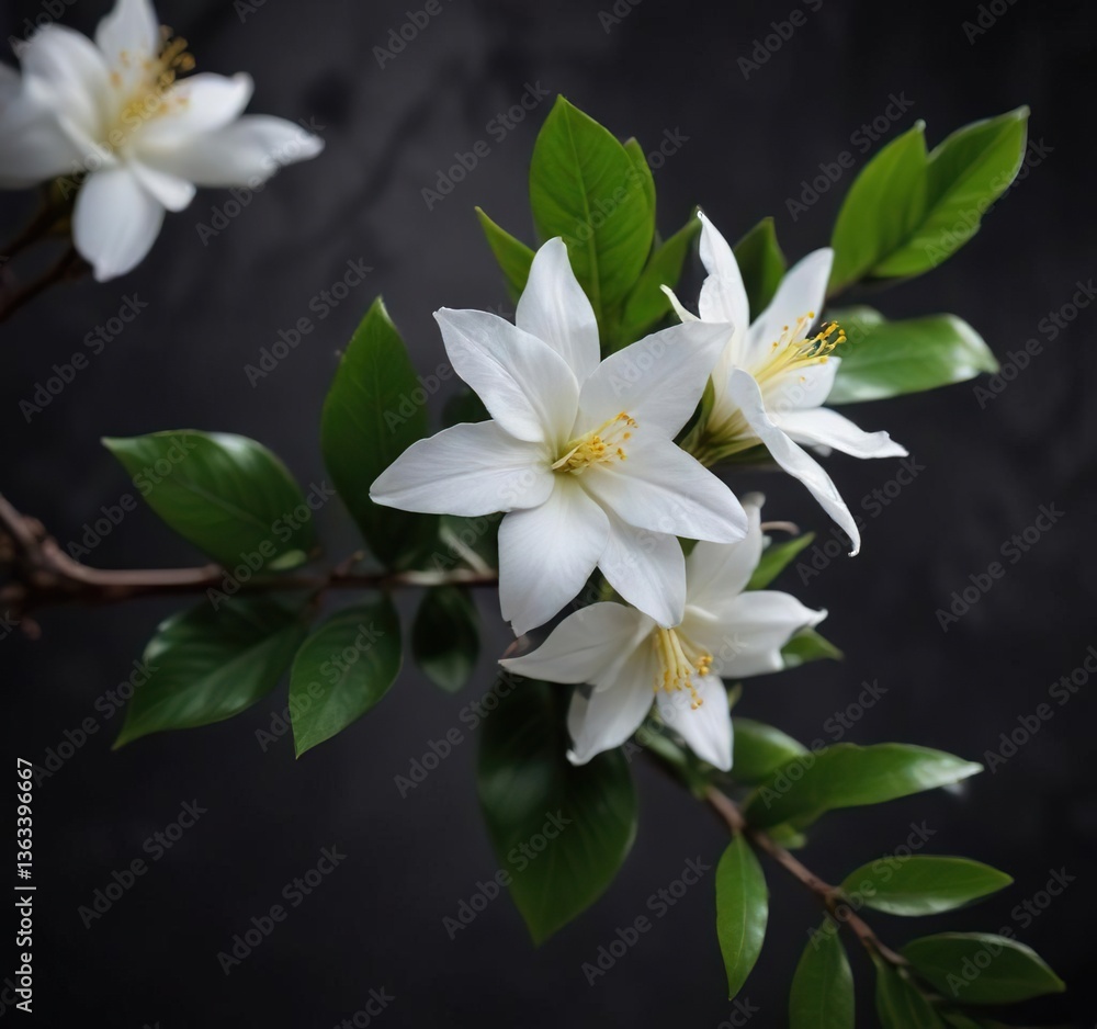 Fototapeta premium Macro photo of jasmine flower and leaves in stark contrast against dark backdrop, Regeneration, Fresh Air