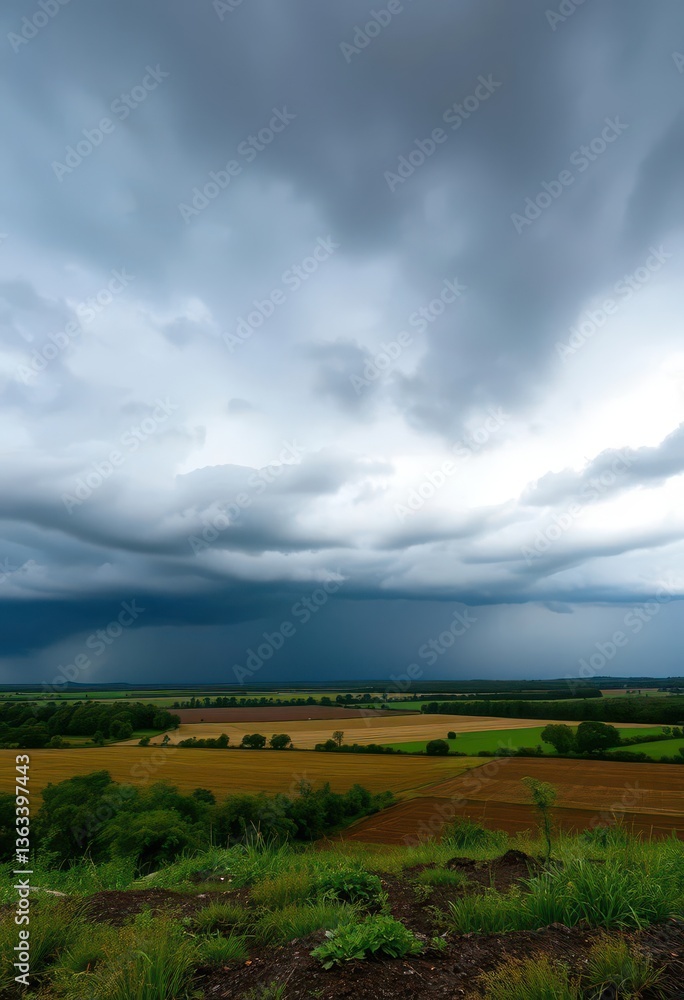 Immense, dark storm cloud dominates landscape, torrential rain, rough texture, texture, weather event Immense, dark storm cloud dominates landscape, torrential rain, rough texture, texture, weather event