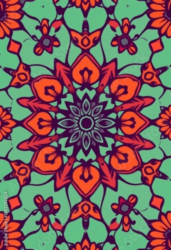 Intricate geometric design featuring stylized floral motifs in a repeating pattern, floral, summer, flowers