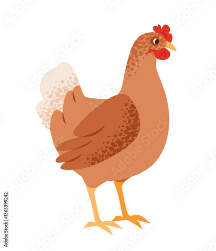 Cute vector illustration of a domestic hen. Farmyard bird represents sustainability, agriculture, and organic farming.
