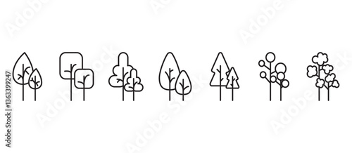 Tree icons vector. Botanical icon set in minimalist line style, Side view, set of tree elements graphic outline symbols for design images. Tropical vector illustration in transparent background.