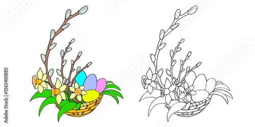 Easter eggs basket with flowers and colored eggs set