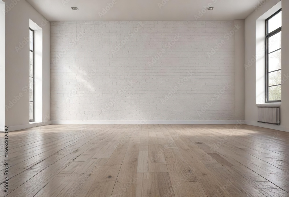 Minimalist living room with white bricks and wooden floor, simplicity, natural materials Minimalist living room with white bricks and wooden floor, simplicity, natural materials