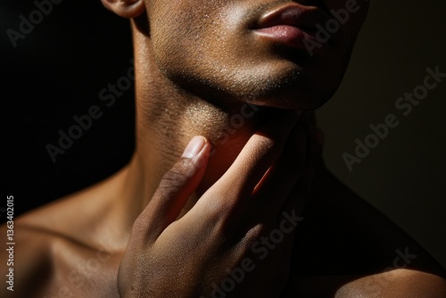 Man Touching Neck Skin Texture Close-up Dramatic Light