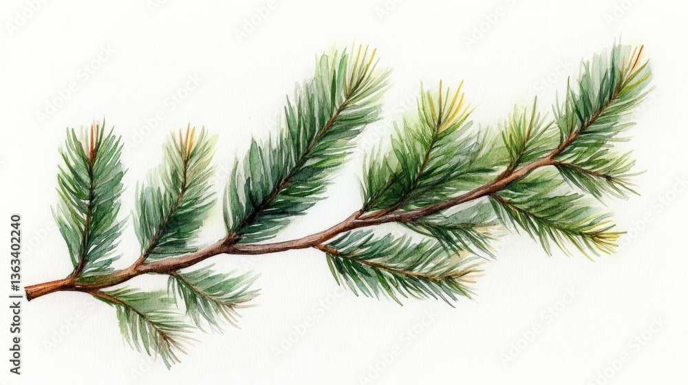 Watercolor evergreen fir tree branch with lush green needles, perfect for botanical art, watercolor drawing of a evergreen fir tree branch white background. Watercolor evergreen fir tree branch with lush green needles, perfect for botanical art, watercolor drawing of a evergreen fir tree branch white background.
