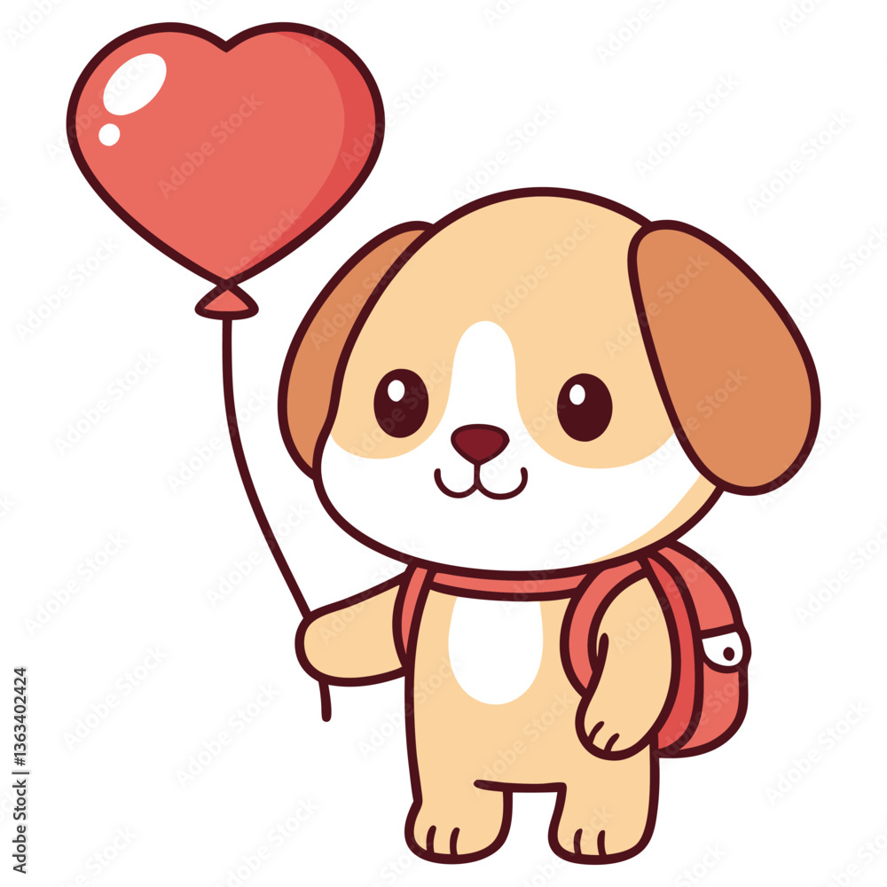 Cartoonish Dog Holding Heart Balloon with Backpack on White Background