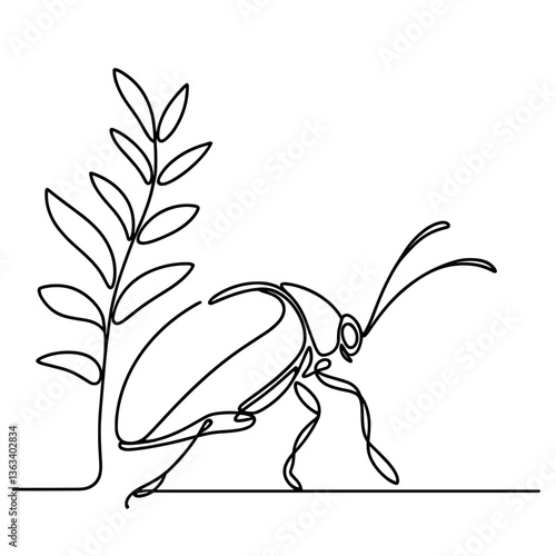 Minimalistic line drawing of a beetle next to a leaf, elegant design