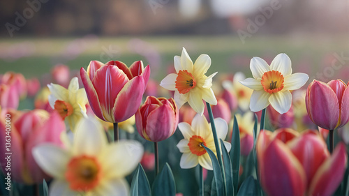 A blooming spring meadow with daffodils and tulips