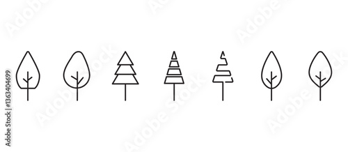 Tree line icon in minimalist style, Botanical icon set. Side view, set of tree elements graphic outline symbols for design images. Tropical vector illustration in transparent background.
