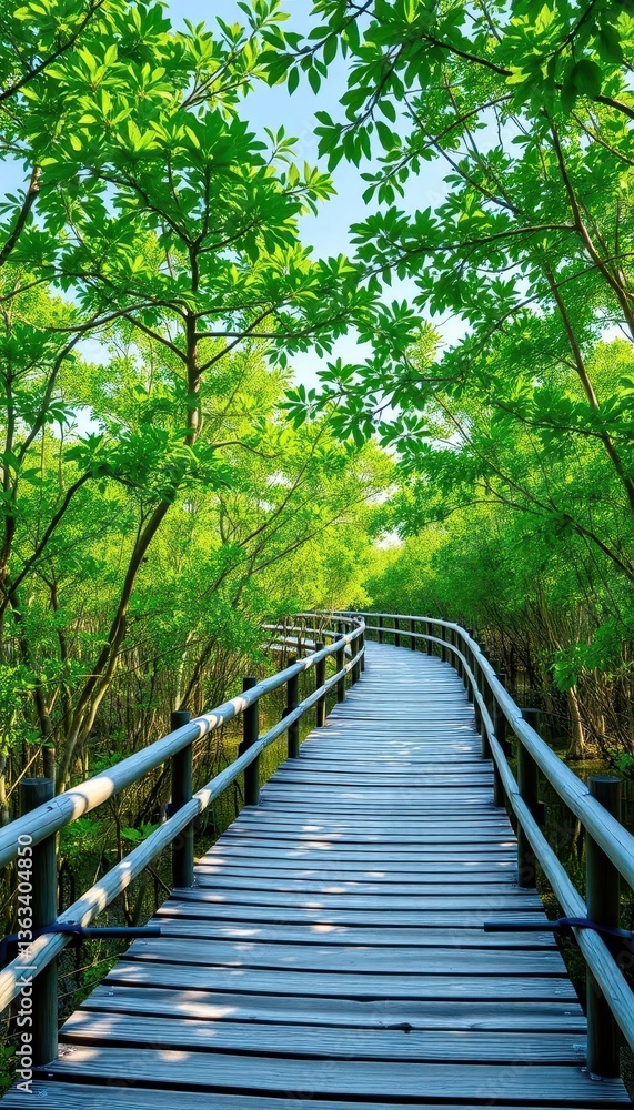 Fototapeta premium Wooden boardwalk meanders through lush, vibrant green mangrove forest, ocean, eco
