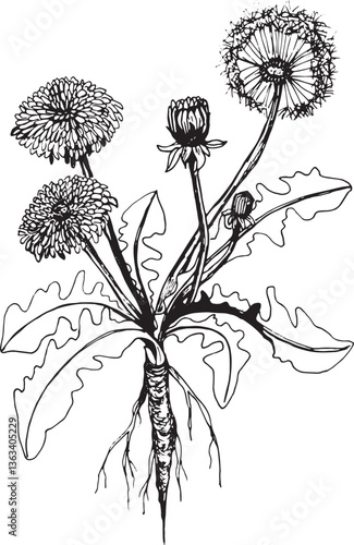 Detailed Black and White Dandelion Illustration – Botanical Art of Taraxacum Officinale