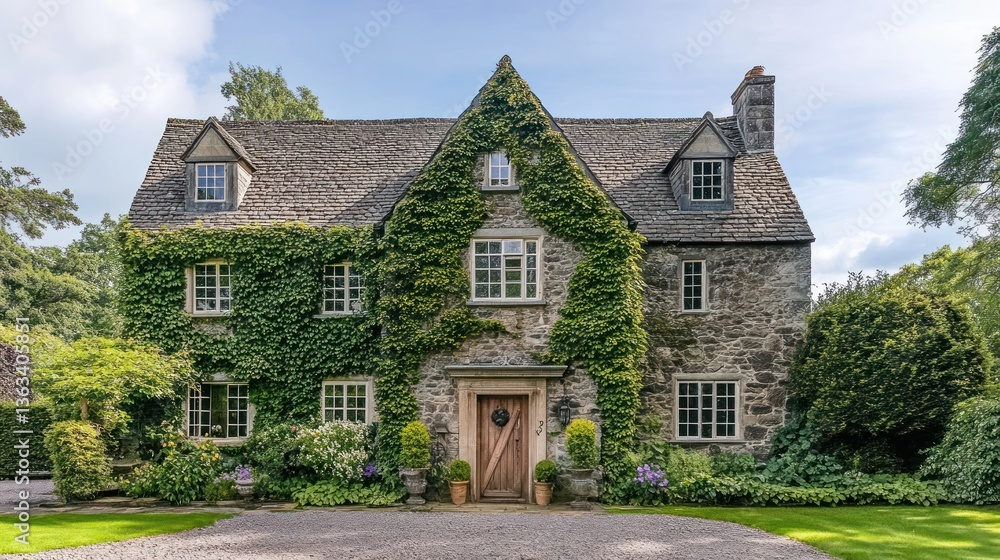 A stone-built English countryside home, ivy-covered walls, and a rustic wooden door --ar 16:9 --v 6.1 Job ID: 23c15683-0264-4cd4-930f-fca9c82ad96f