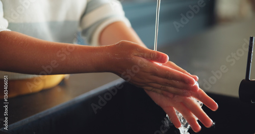 Fotografia Person, hands and washing with water or tap for cleaning, rinse or bacteria and germ removal at home