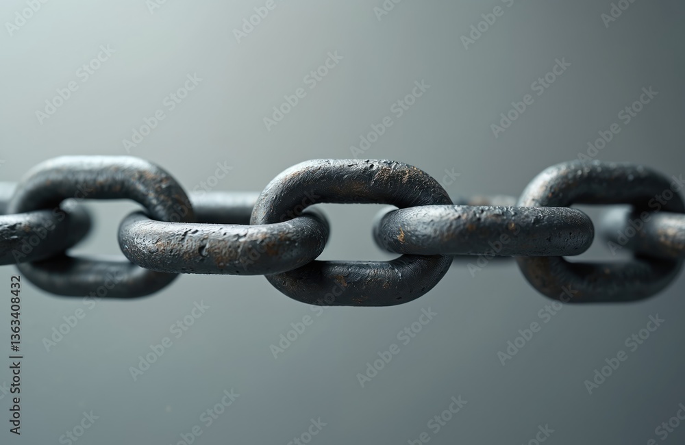 Close-up of metal chain links on neutral grey background. Focus on metallic hardware, portraying strength, connectivity, security. Industrial metal construction, technology and engineering concept. Close-up of metal chain links on neutral grey background. Focus on metallic hardware, portraying strength, connectivity, security. Industrial metal construction, technology and engineering concept.