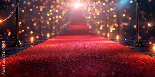 Illuminated red carpet leading to a glamorous event with sparkling lights in the background during evening hours