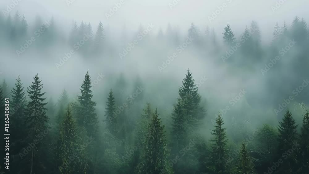 Foggy evergreen forest. Misty woodland trees in the morning. Atmospheric nature background. Foggy evergreen forest. Misty woodland trees in the morning. Atmospheric nature background.