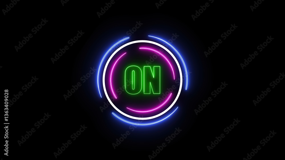 On glowing neon sign with bright green word 'ON' surrounded by circular neon rings in pink and blue. On glowing neon sign with bright green word 'ON' surrounded by circular neon rings in pink and blue.