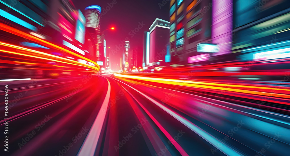 Obraz premium Vibrant light trails, futuristic cityscape, motion blur