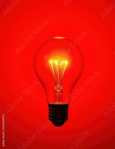 Glowing lightbulb on a vibrant red background, invention, discovery