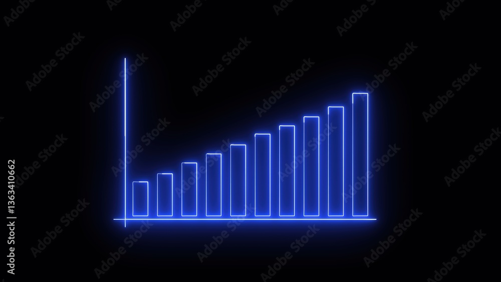 Glowing blue neon bar graph on black background showing upward trend with increasing height. Glowing blue neon bar graph on black background showing upward trend with increasing height.