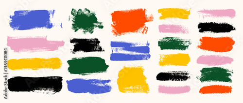 Colored straight thick brush lines. Hand drawn vector brushstroke text boxes. Set of calligraphy dry brush. Rough grunge thick gouache paint texture. Japanese, Chinese sketchy ink rectangle text boxes