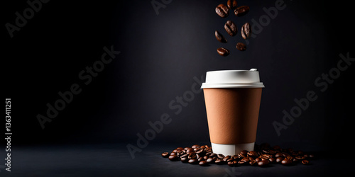Modelo de copo de café em branco, com grãos de café caindo, ao lado de vários grãos de café em fundo escuro