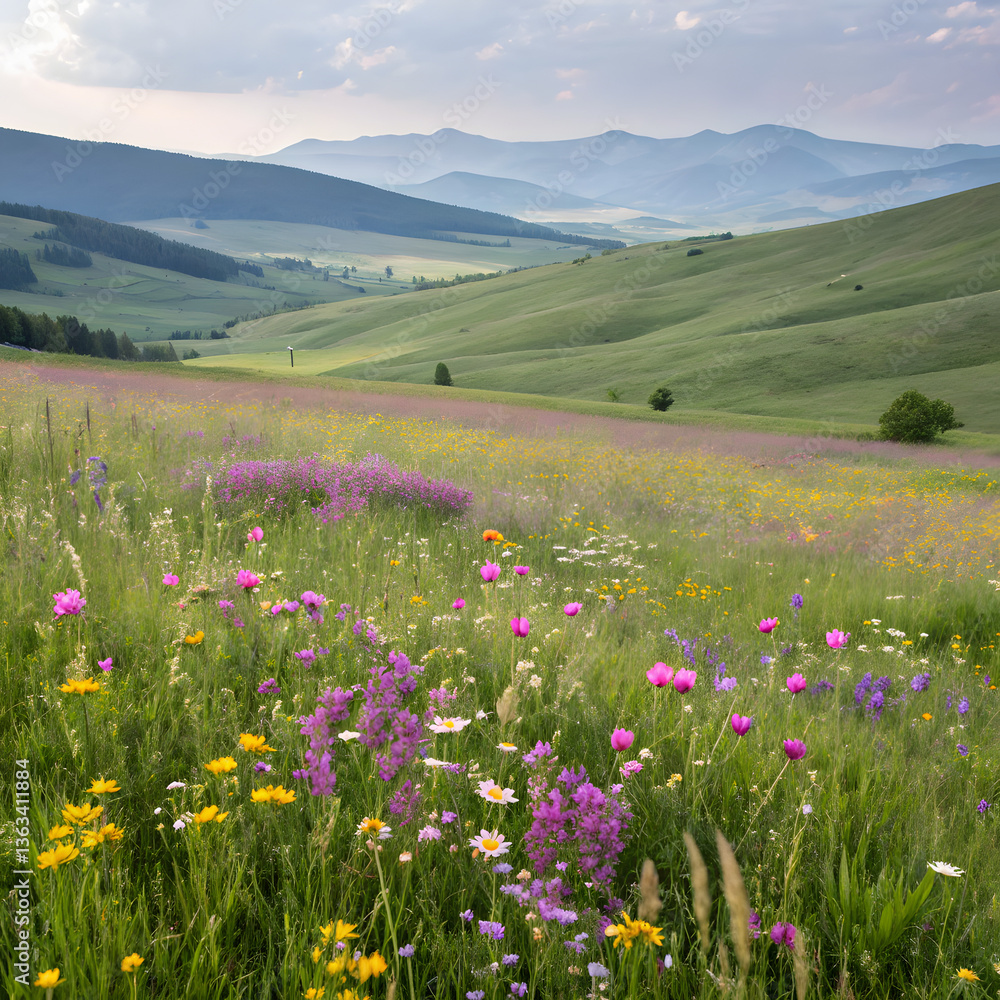 Obraz premium Wide Open Meadow with Wildflowers and Rolling Hills in the Background.